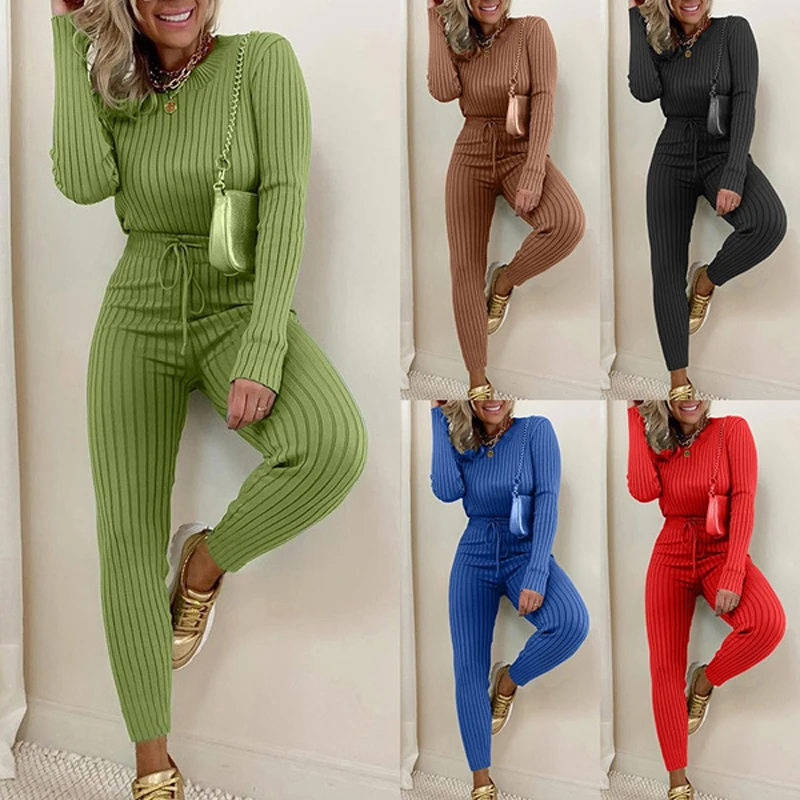 

Pants Set Women Two Piece Set Spring Autumn Ribbed Knitted Top Drawstring Waist Knit Trousers Jumper Tops Suits Sweater Jogging
