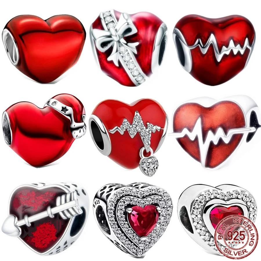 

Red Heart-Shaped Sparkling Charm Beads with Silver 925 Arrow and Electrocardiogram Bow Fit Original Pandora Bracelet DIY Jewelry