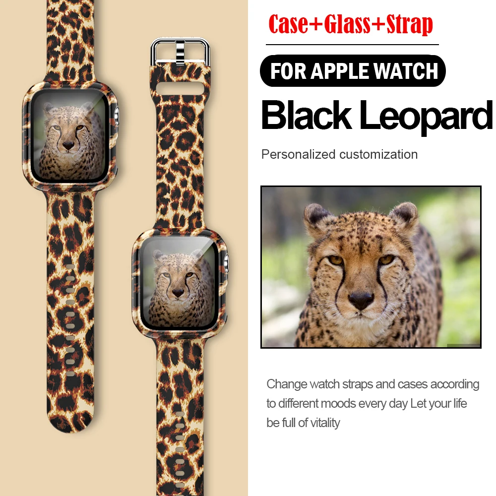 

Glass+Case+Strap For Apple Watch band 44mm 40mm 38mm 42mm Printed smartwatch Silicone correa bracelet iWatch series 6 7 se 3 4 5
