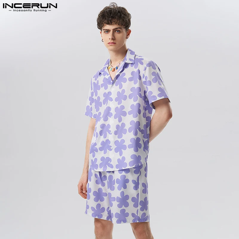 

Casual Vacation Style Sets INCERUN Mens Fashion All-match Short Sleeve Shirts Shorts Leisure Male Printing Two Piece Sets S-5XL