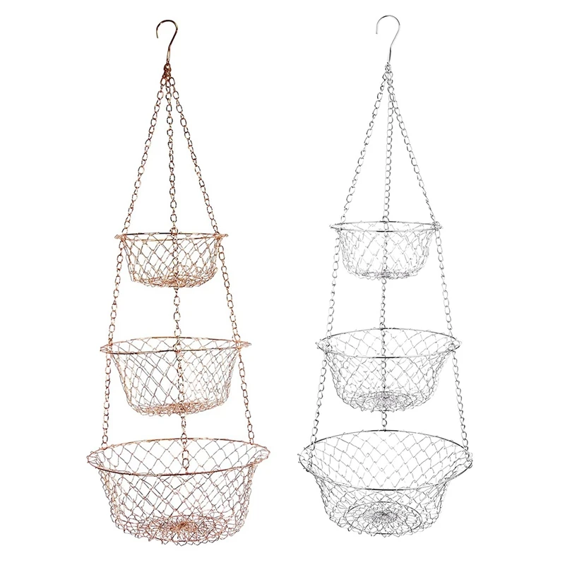 

2PCS 3 Tier Fruit Basket, Vegetable Kitchen Storage Basket Chain Hanging Space Saving Fruits(Silver & Copper)