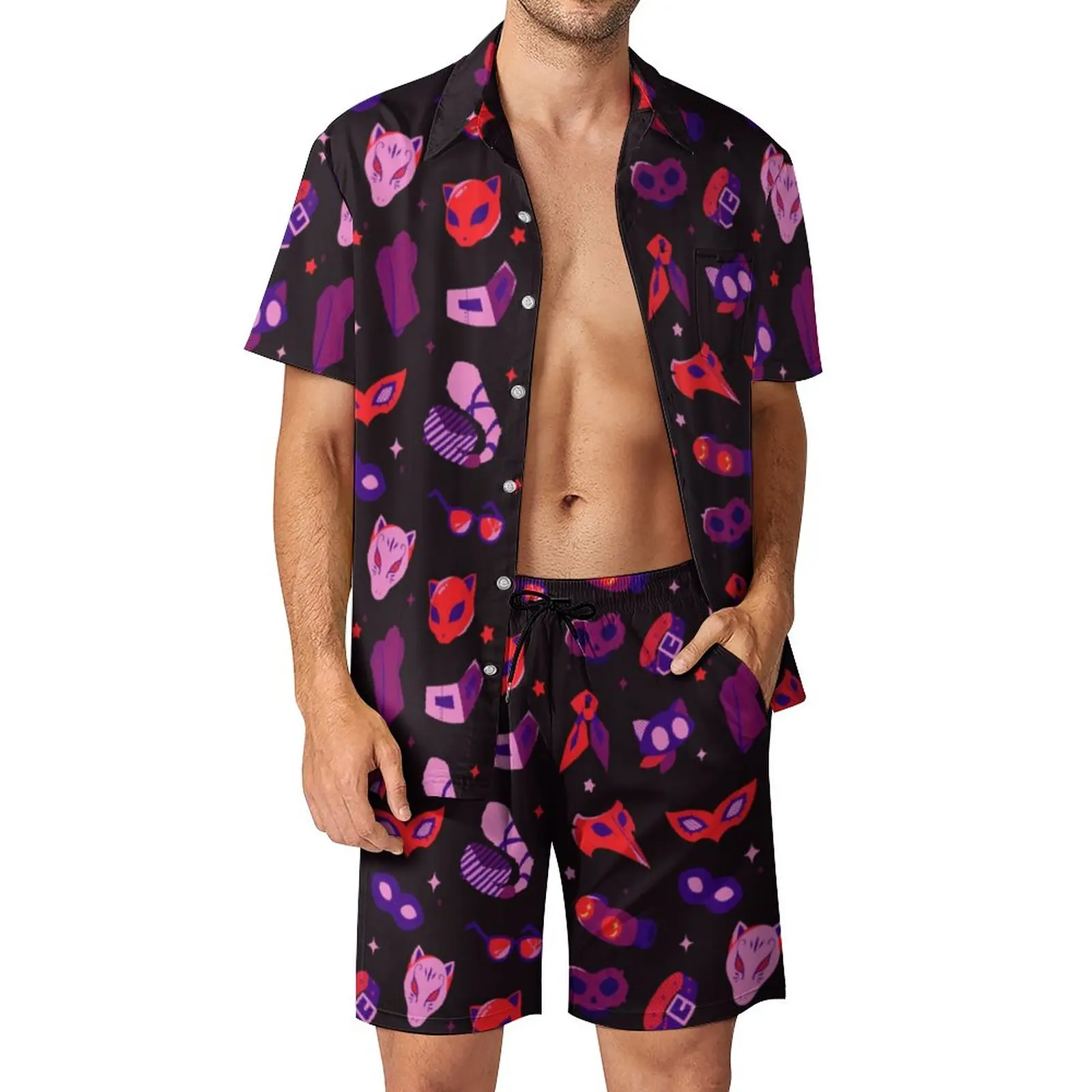

Persona 5 You Never See Us Coming Men Sets Videogame Morgana Cool Casual Shirt Set Short-Sleeved Custom Shorts Summer Beach Suit