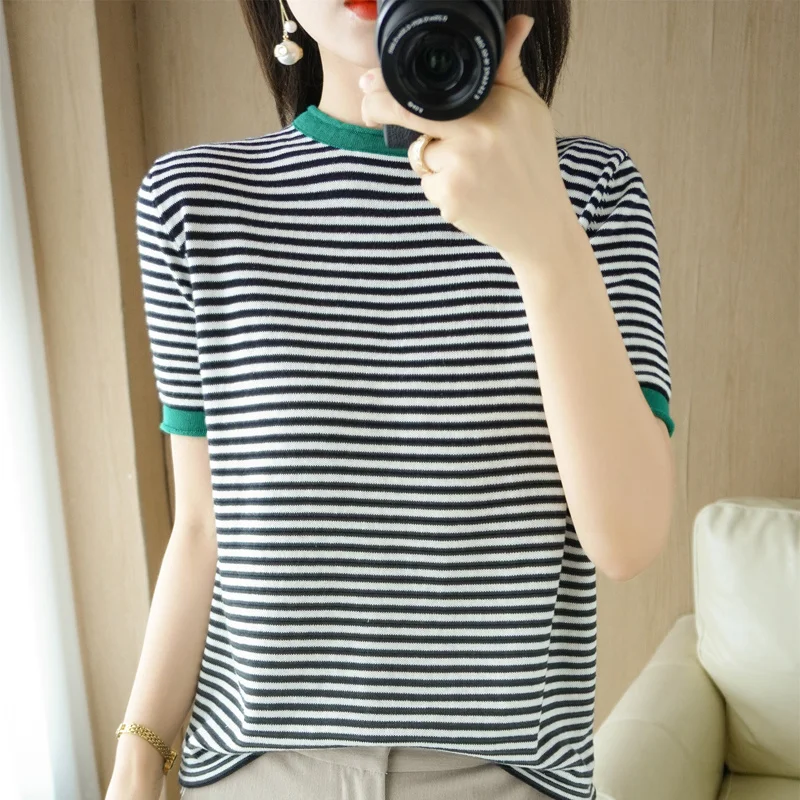 

Женский облегающий пуловер с коротким рукавом и круглым вырезом, из 100% хлопка, в полоску, футболка, сетчатый базовый Повседневный удобный св...