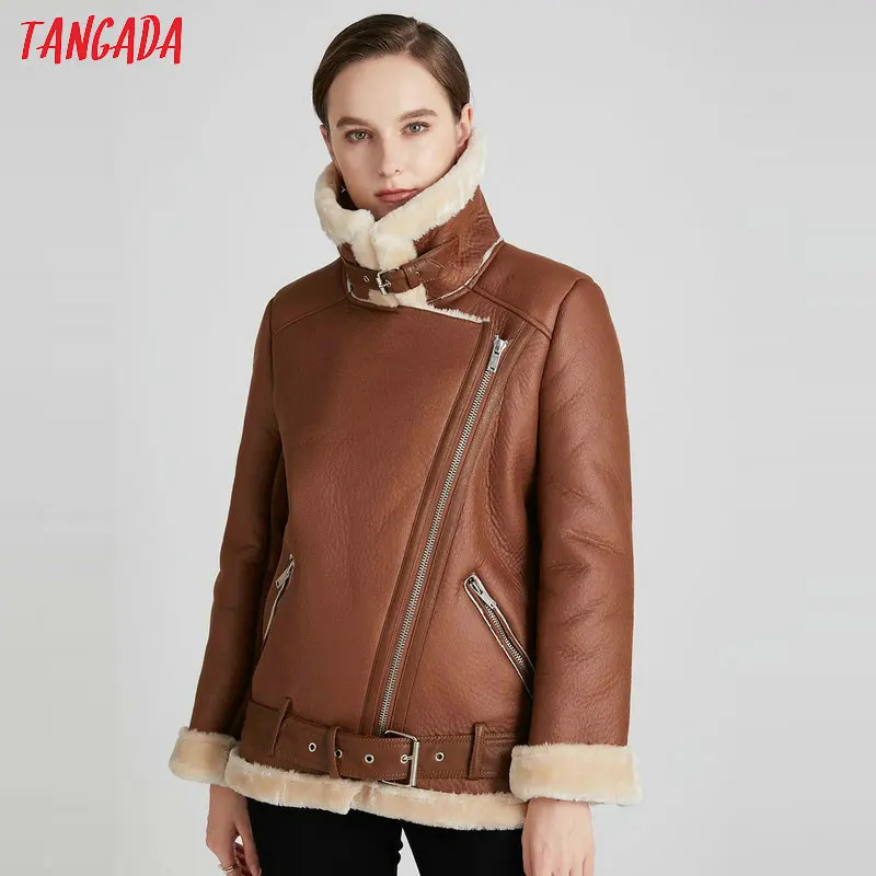 

Tangada Women brown fur faux leather jacket coat with belt turn down collar Ladies 2020 Winter Thick Warm Oversized Coat 5B01-1