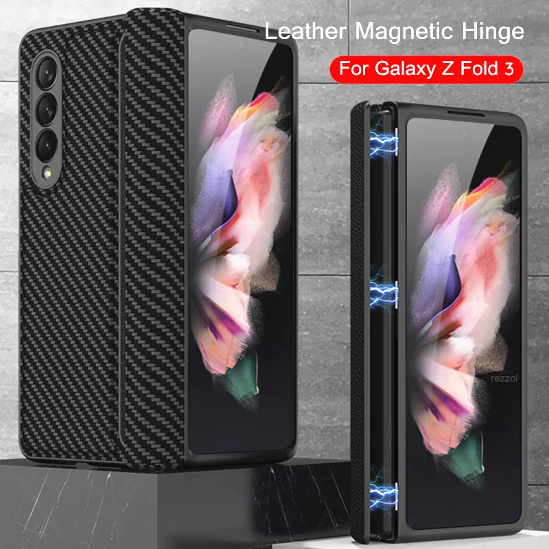

Case For Samsung Galaxy Z Fold 3 Magnetic Hinge Cover Carbon Fiber Texture Leather and Hard Plastic Full Protection Back Case