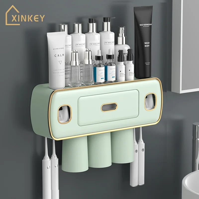 

Magnetic Adsorption Inverted Toothbrush Holder 2 Automatic Toothpaste Squeezer Dispenser Storage Rack Bathroom Accessories Set