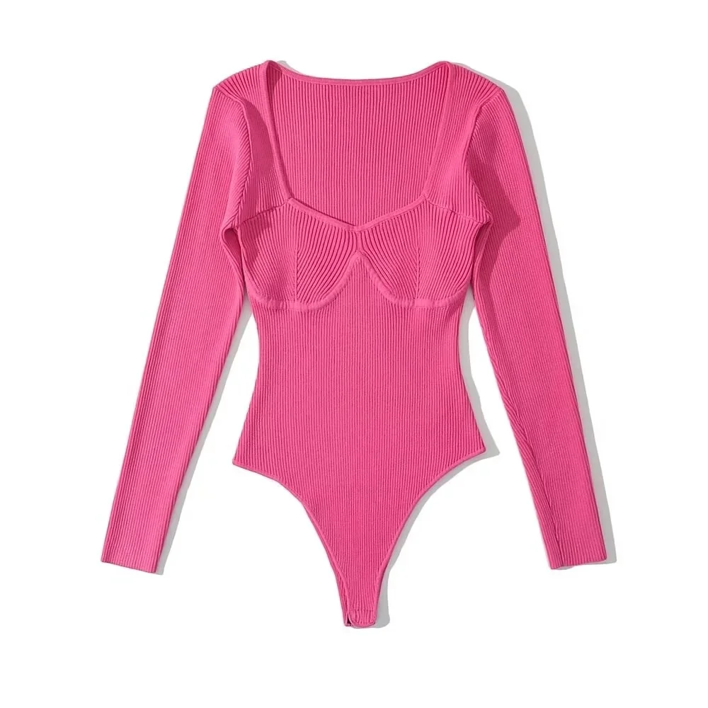 Женское трикотажное боди с квадратным вырезом и длинным рукавом