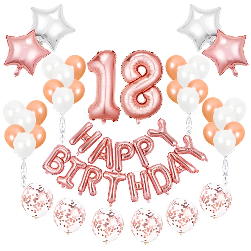 

18th Birthday Decoration 'Happy Birthday' Balloon Set Rose Gold Number Confetti Latex Balloons Star Foil Balloon Party Supplies