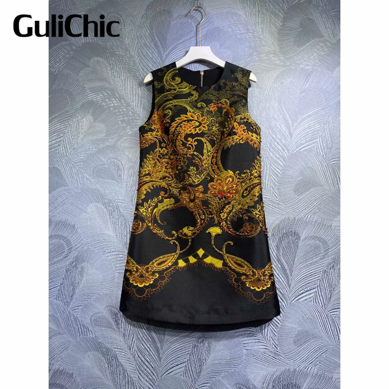 3.30 GuliChic Fashion Design Vintage Gorgeous Print Beading Decorate Vests Mini Dress Women