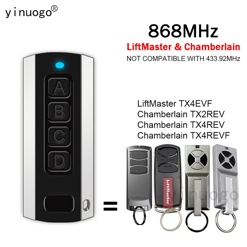 

Chamberlain TX2REV TX4REV TX4REVF LiftMaster TX4EVF Garage Door Remote Control 868MHz Rolling Code Clone Gate Opener Duplicator