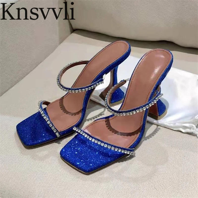 

Sexy High Heels Slippers Women Square Toe Satin Peep Toe Slides Female Strange Style Heel Wedding Mules Shoes Woman 35-42 Size