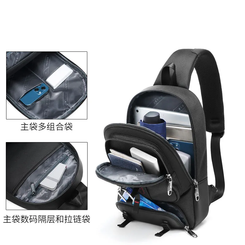 Zipper Chest Messenger Bag for Men Crossbody Chest Shoulder Single Backpack Waterproof Multi Functional Travel Sports Black Bag