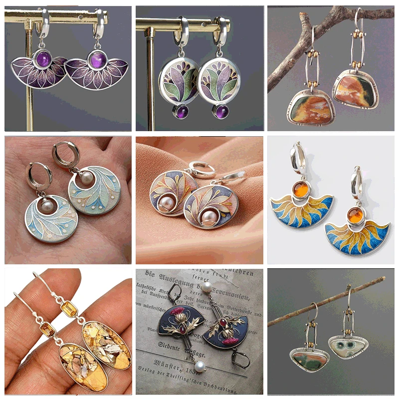 

Vintage Round Imitation Pearl Earrings for Women Classic Silver Color Metal Multicolour Enamel Dangle Earrings Jewelry