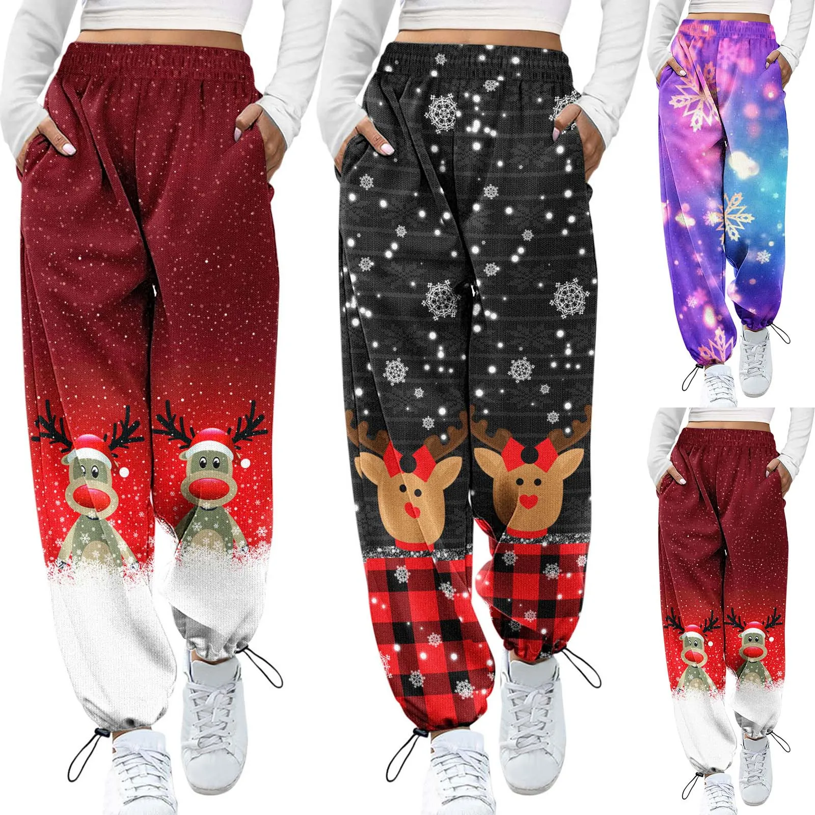

Women Christmas Print Sweatpants Bottom Elk Print Pockets High Waist Gym Athletic Fit Jogger Pants Athletic Sports Pants Trouser