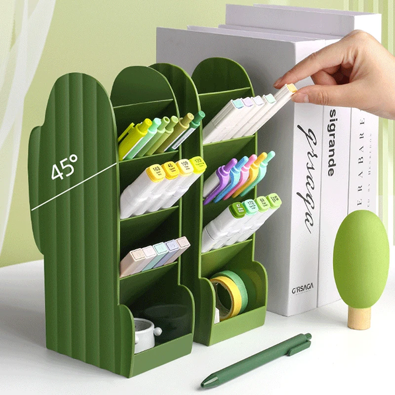 

Novelty Cute Cactus Shape Obliquely Inserted 4 Grid Desktop Organizer Home Supplies Pen Organizer Stable for Office