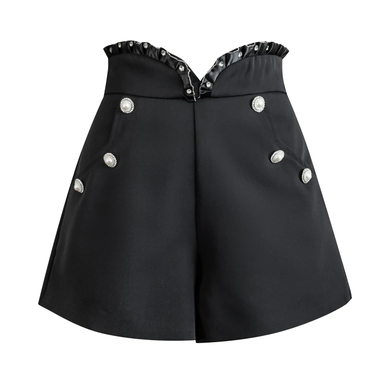 

COIGARSAM Shorts Spring 2022 New Fashion Casual Solid High Waist Beading Black White Women Shorts