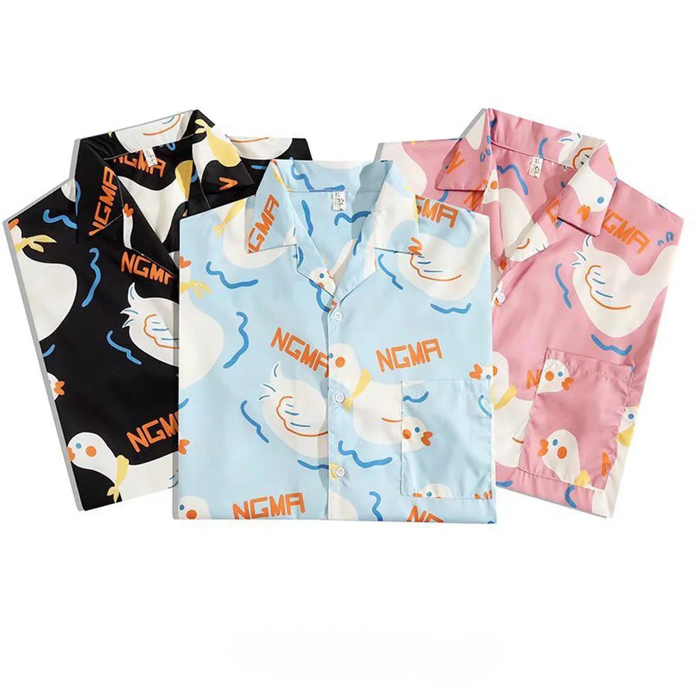 ERIDANUS Cartoon Cute Duck Printing Couples Short-sleeved Pocket Shirt Ins All-match Loose Design Niche Men's Shirt MCS196