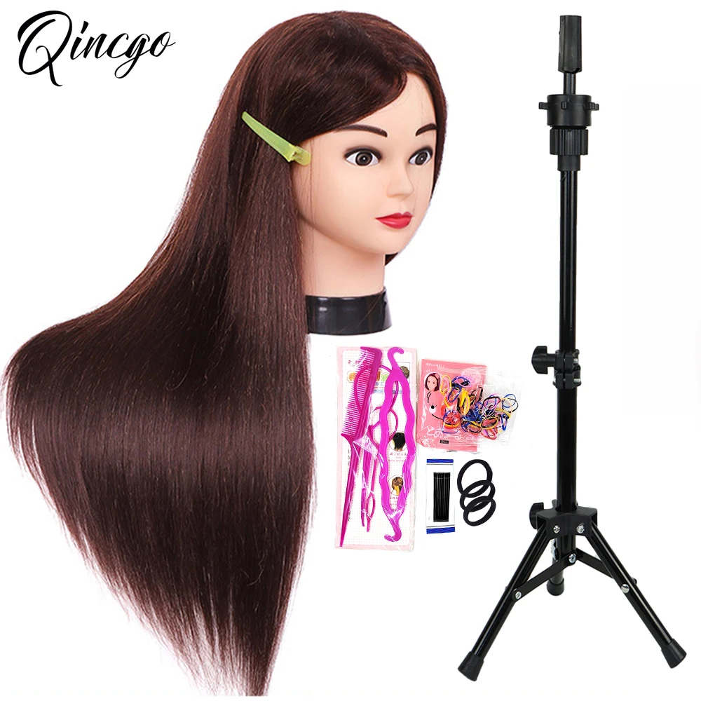 85% Real Hair Training Mannequin Head With Brown Hair For Barber Hairdressing Practice Doll Head With Stand Tripod For Hairstyle