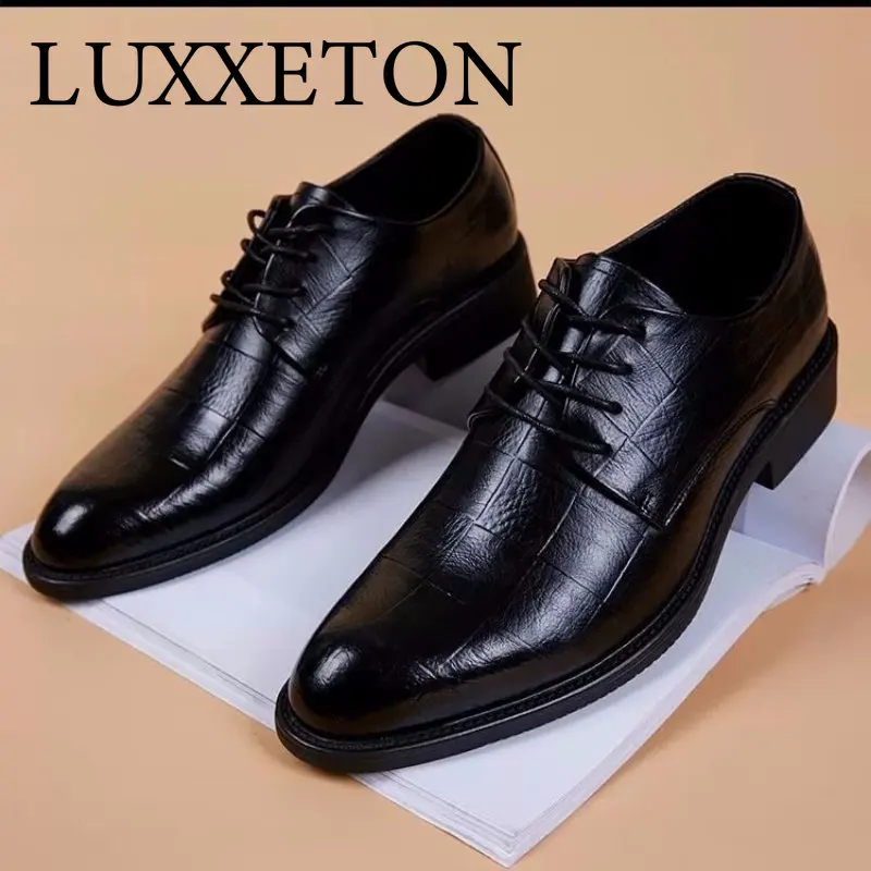 

Men Leather Formal Business Pointed Toe Mid Heel Low Top Black PU 2022 Shoes The New Listing Flash Sale