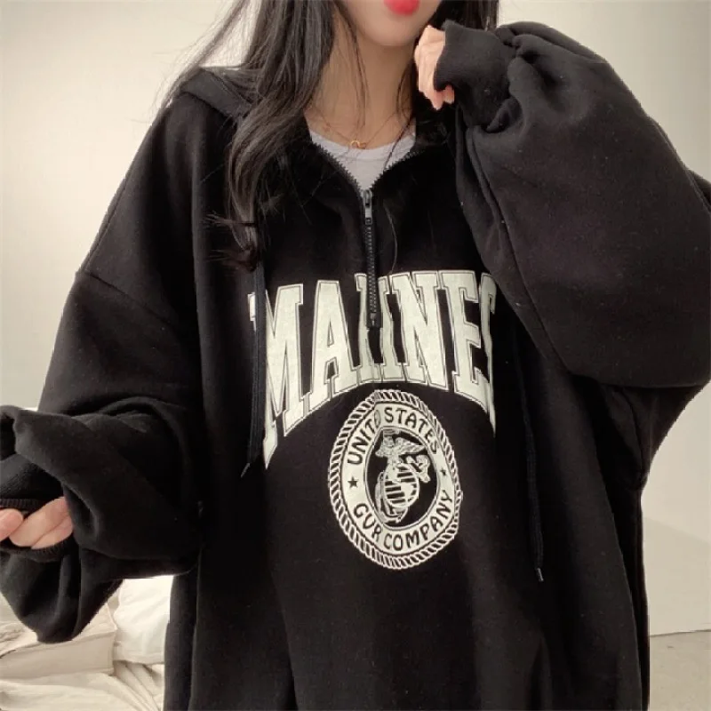 2022 New Women's Models with Spring and Autumn High Street Hip-hop Zipper Loose Hoodie Letters Printed Sweatshirt