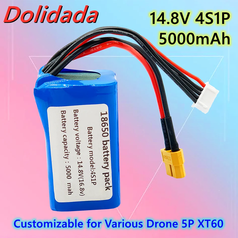 

New High Power 14.8V/16.8V 4S1P 5000mAh UAV Rechargeable Li-ion Battery Pack 18650 Customizable for Various Drone 5P XT60