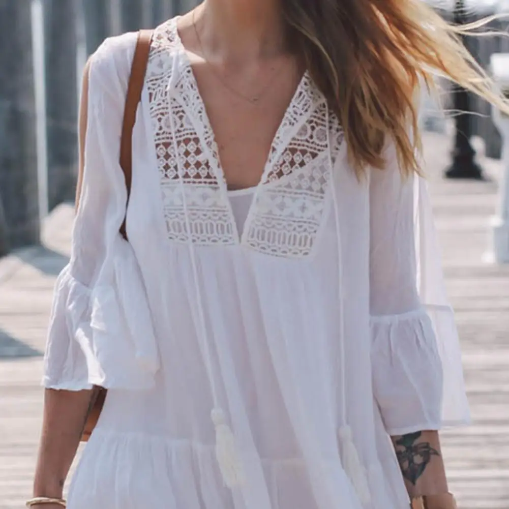 

Women Summer Mini Dress Hollow Out Tassel V Neck A-line Loose Hem Ruffle Three Quarter Sleeve Above Knee Length Mini Dress