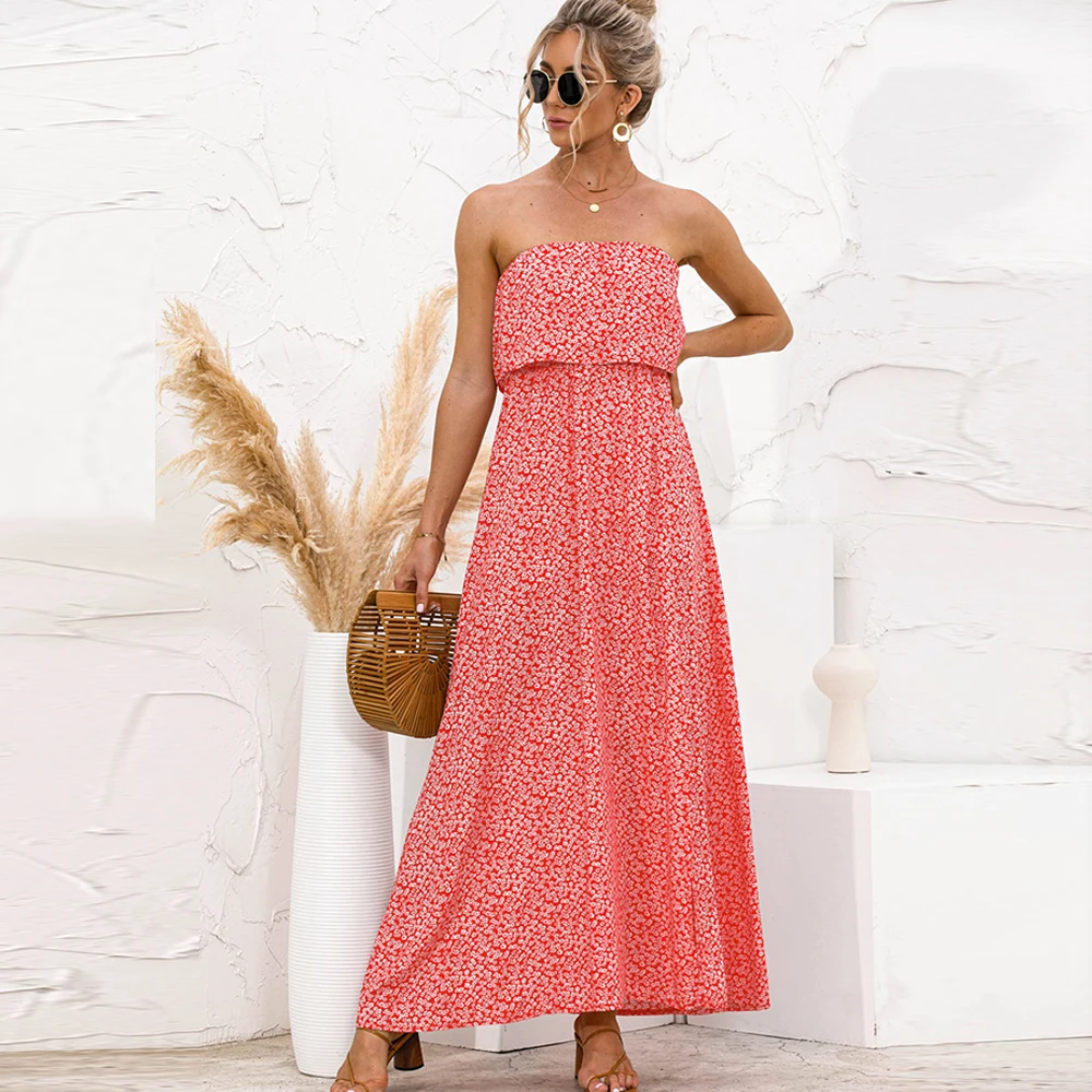 

Sexy Strapless Floral Split Maxi Dress Women Summer Casual Shoulder Elastic High Waist Print Boho Beach Maxi Dress Vestidos