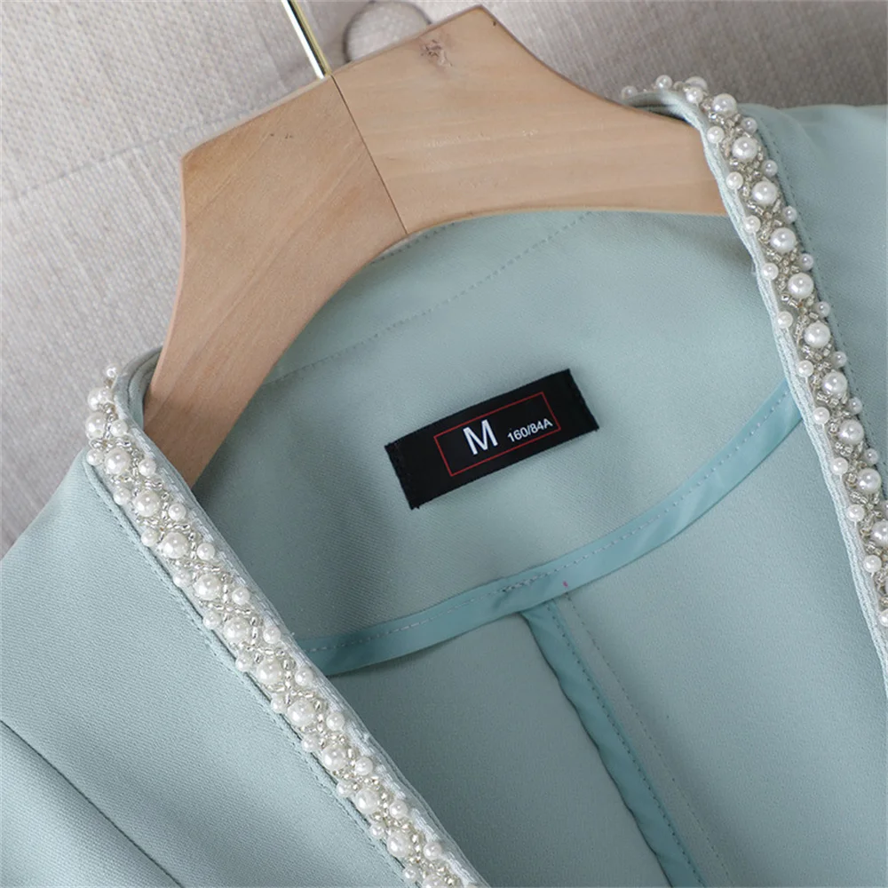 2023 Chic Women Blazer Blue White Black Female V neck Half Sleeve Pearls Slim Jacket Lady Business Work Wear Formal Jacket Coat