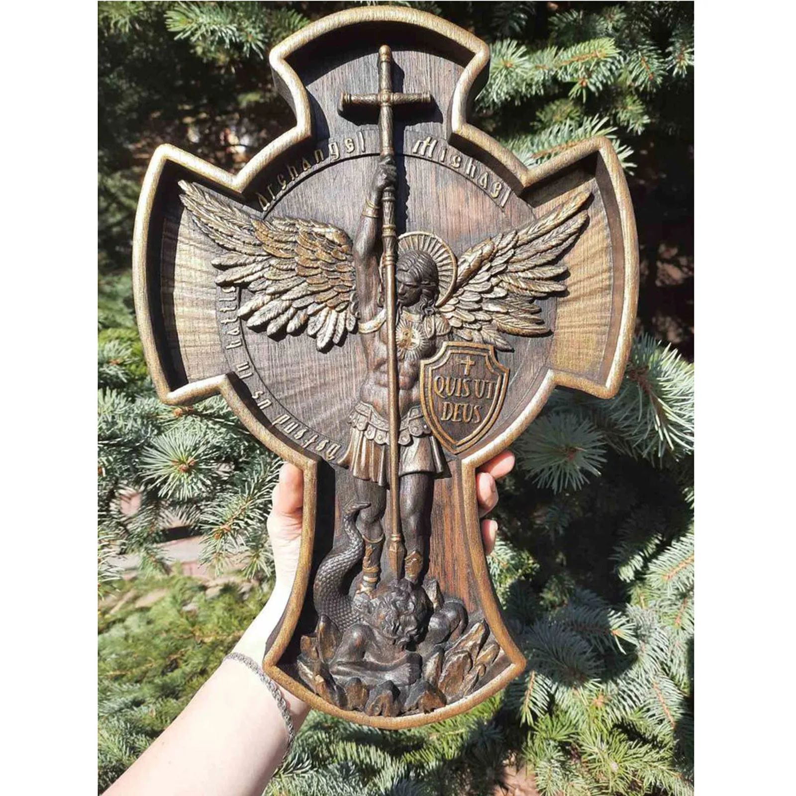 

Archangel Michael Natural Resin Carved Religious Icon Christian Wooden Gift for Him Housewarming Gift Home Garden Decoration