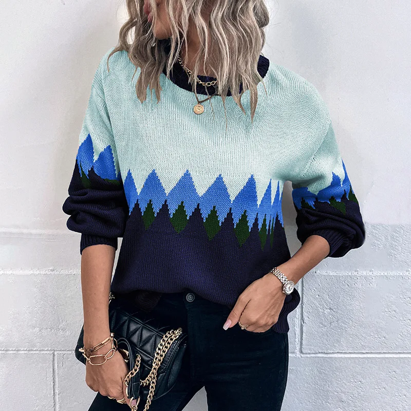 

UCAK Knitted Sweaters for Women Casual Vintage Diamond Check Colorblock Long Sleeve Sweater Korean Fashion Women Clothing Z2028