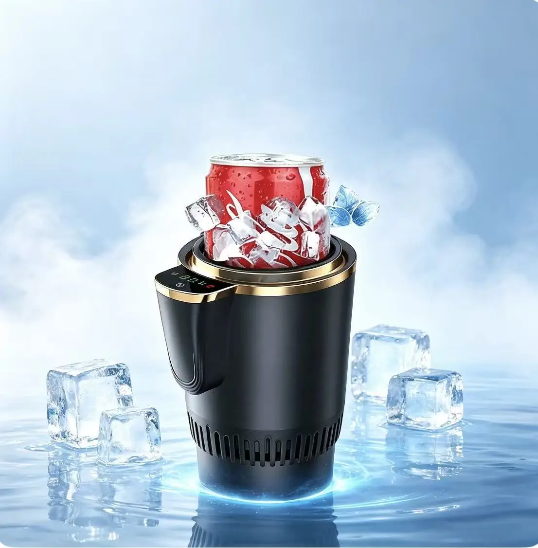Фото Портативный автомобильный охладитель для напитков с цифровым дисплеем, быстрое охлаждение банок с газировкой и пивом, бесшумный автомобильный холодильник для летних путешествий. №1
