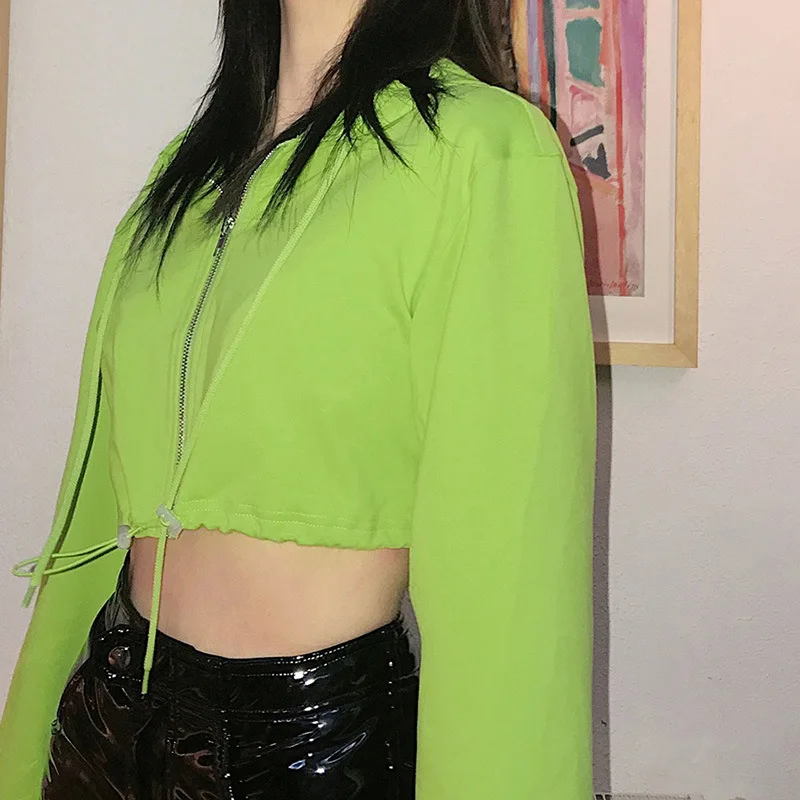 

2023 New Fashion Green Sweatshirt Casual Cotton Zip Up Long Sleeve Top Solid Navel Drawstring Cropped Hooded Fall Women Clothing