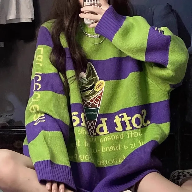 

Женский Осенний вязаный свитер с мороженым, зеленые и фиолетовые пуловеры, свободные свитеры с длинным рукавом