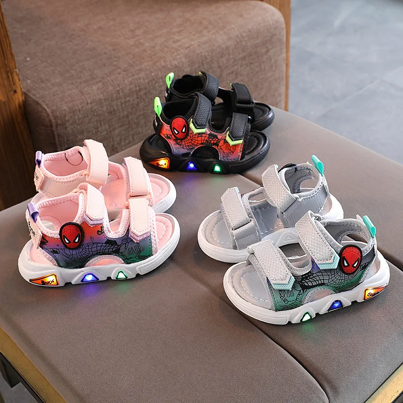 

New Disney cute boys spiderman sandals with light princess kids soft shoes Europe size 21-30