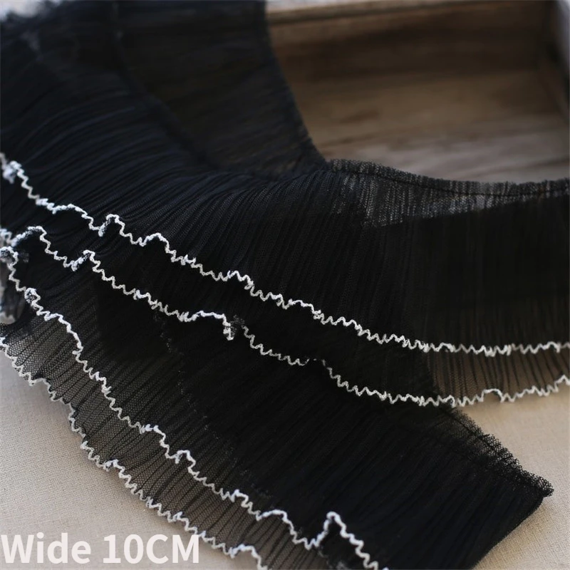 

10CM Wide Double Layers White Black Mesh 3D Pleated Wrinkled Lace Fabric Elastic Ruffle Trim Dress Cloth Crafts DIY Sewing Decor