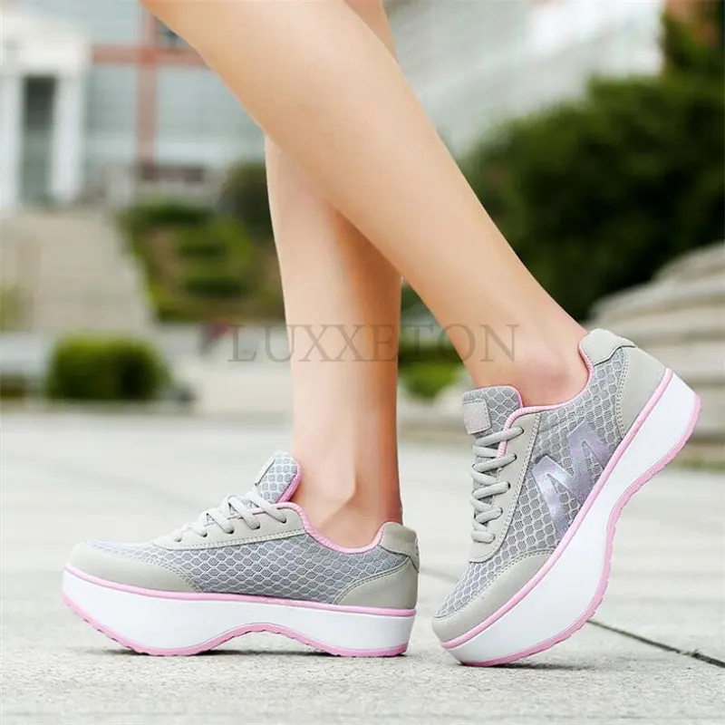 Women Vulcanized Shoes Fashion Slimming  Ultra Breathable Mesh Leather Casual  Negative Heel Sneakers Zapatillas Mujer