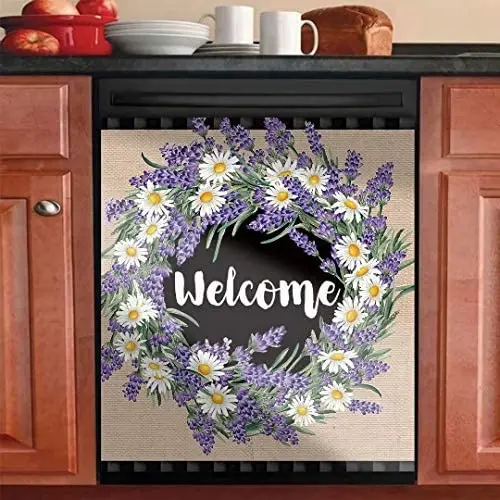 

Lavender Daisy Flowers Welcome Magnetic Dishwasher Stickers Door Cover Decals,Decorative Panel Decal for Washer,Refrigerator Sti