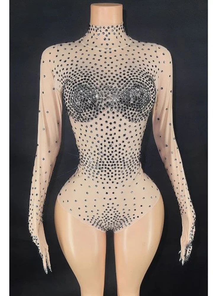 Высококачественный популярный эластичный сетчатый комбинезон со стразами