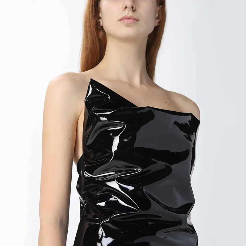 Женское блестящее платье-миди из лакированной кожи без рукавов искусственного