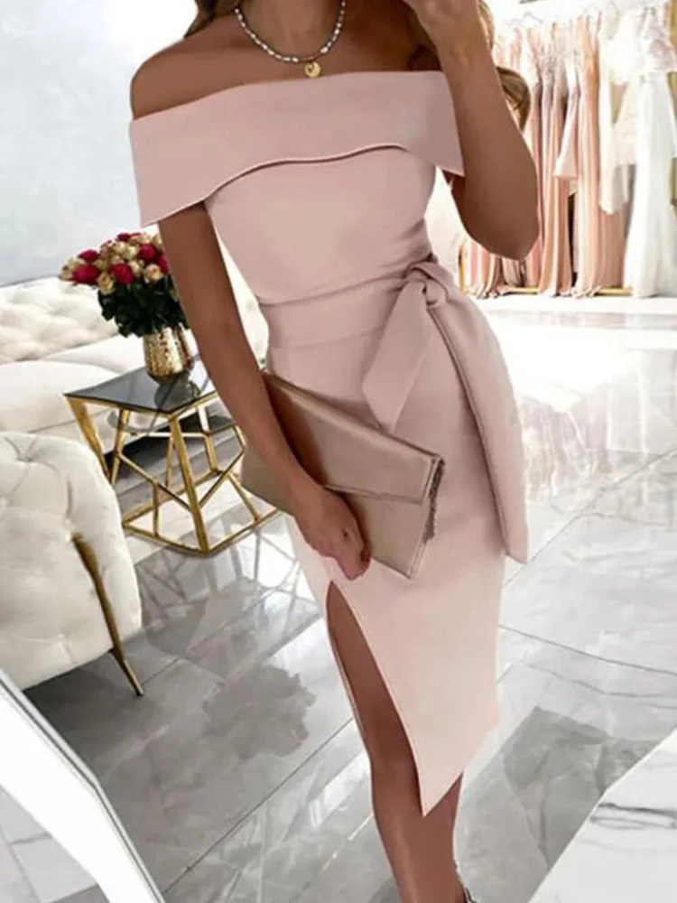 

Элегантное облегающее платье с открытыми плечами, шикарное сексуальное длинное платье с высоким разрезом и поясом, женское модное однотонн...