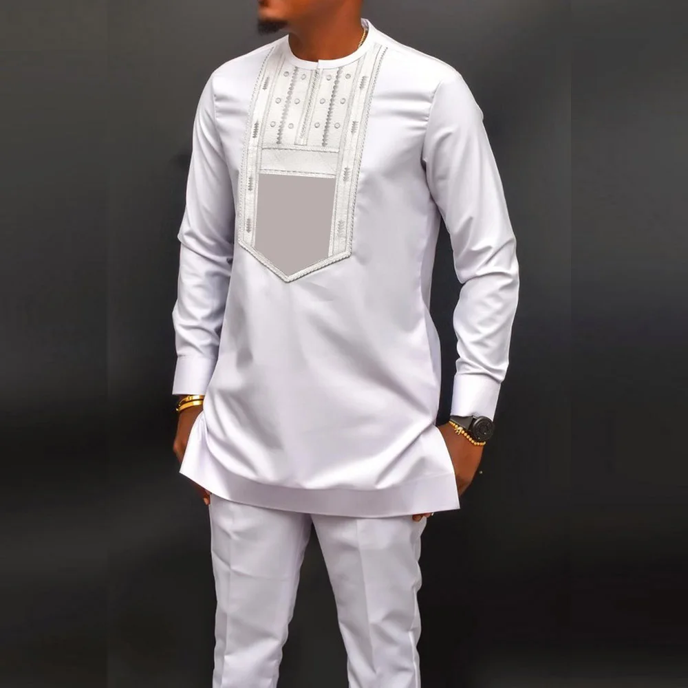 2023 Simple New Suit Men's 2-piece Men's Round Neck Stitching Solid Color Long Sleeve Festival Social African Ethnic Style