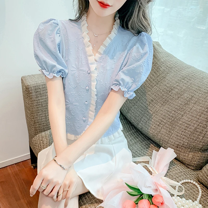 

Кружевная комбинированная рубашка, шифоновая приталенная женская блузка, Новинка лета 2022, повседневный топ с коротким рукавом, модная женс...