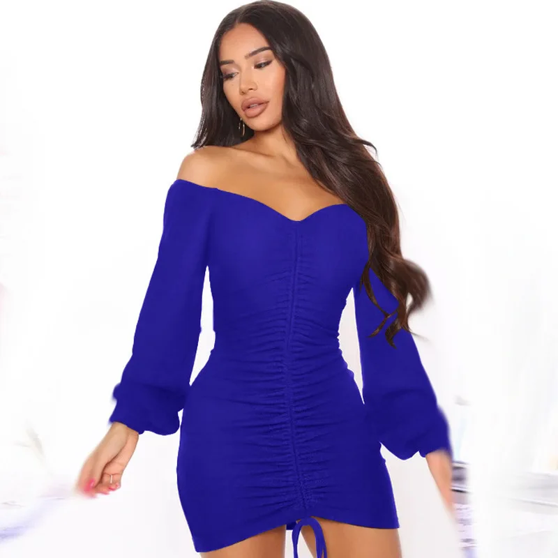 

Women's Dress Summer Sexy Solid Color Slim Pleated Dress Women's Fashion Lantern Sleeve Off Shoulder Slash Neck Mini Dress