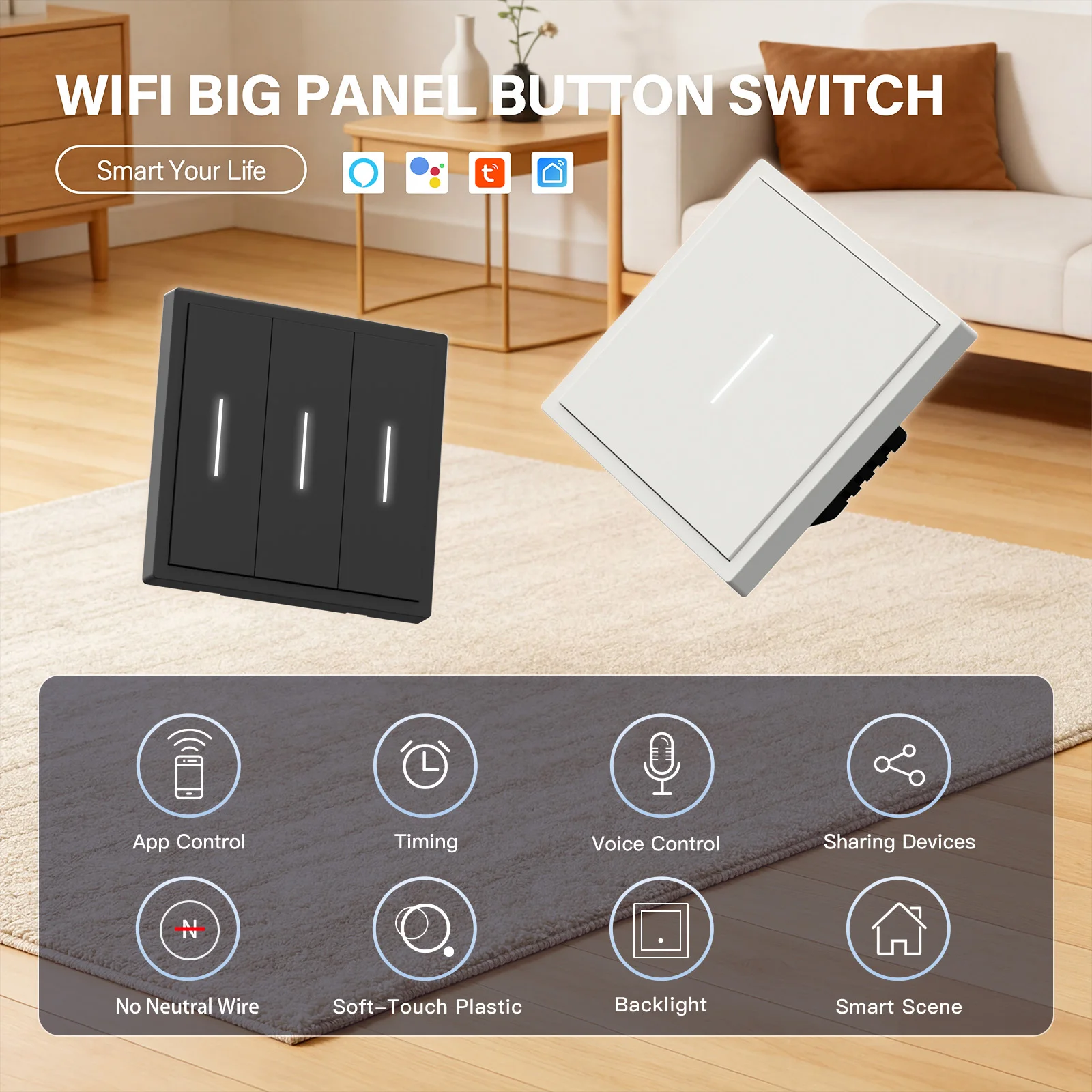 Фото BSEED WIFI-выключатель с кнопкой, 1/2/3/4-клавишный, умный выключатель с пластиковой рамкой, Tuya Smart Life, голосовое управление Alexa, без нейтрального провода №2