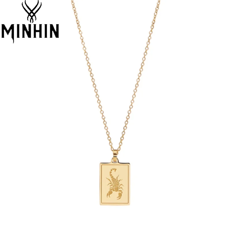 

MINHIN Scorpion Engraved Square Chain Necklaces for Women Men Fashion Punk Animal Pendant Gold Color Choker Stainless Steel