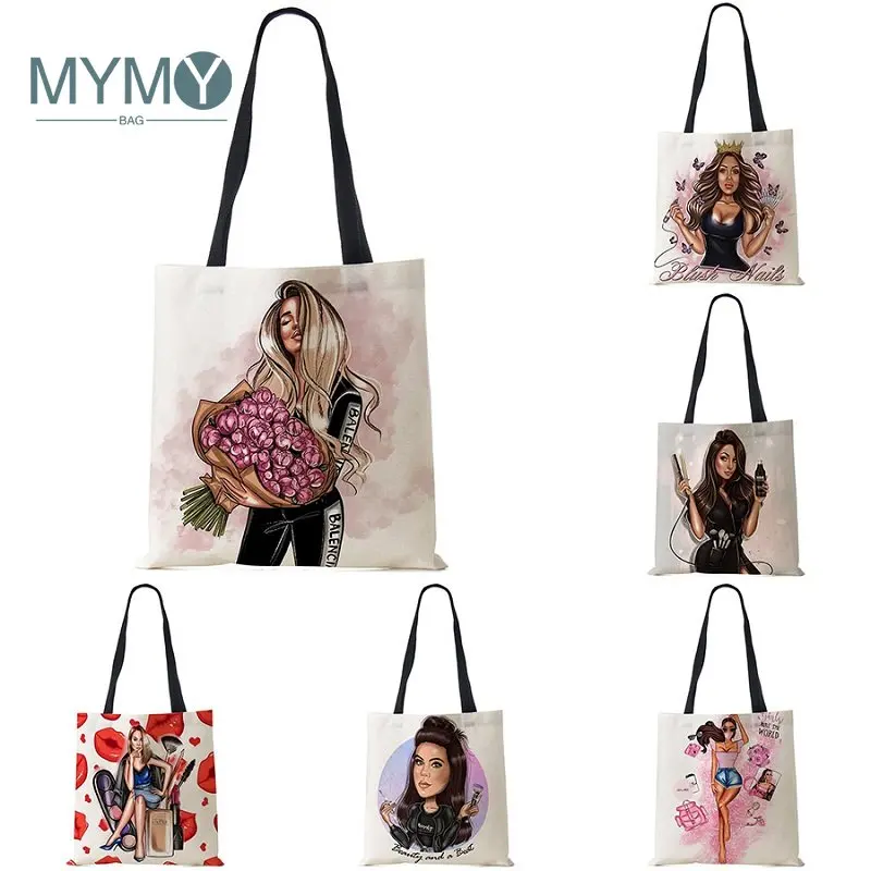 

Fashion Girl Lady Print Shoulder Bag Reusable Shopping Bags for Women Grocery Folding Travel School Beach Tote Bags Eco Handbag