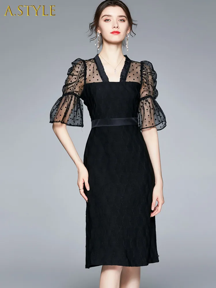 

A GIRLS New OL Temperament Black Dresses Women Elegant Mesh Dot Patchwork Vintage Dress Fashion Summer Flare Sleeve Vestidos