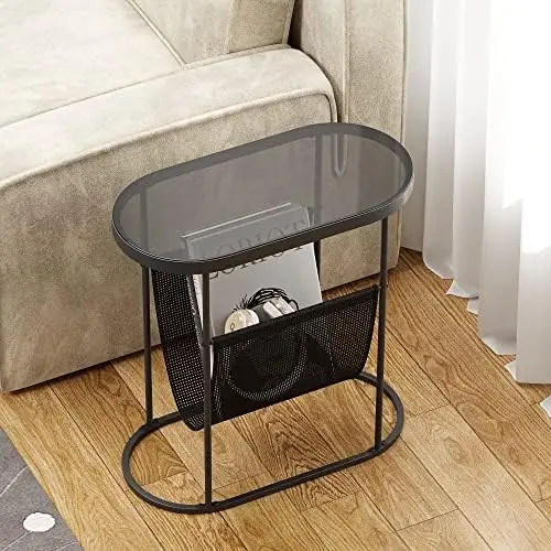 

Glass End Table for Small Space, Narrow Oval Side Tables Living Room, Little Skinny Beside Table Slim Nightstand with Magazine H