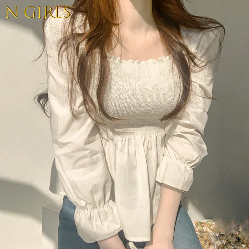 

N GIRLS Blusas Mujer De Moda Korean Chic Sweet Slim Sexy Women's Square Pleated Fungus Long Sleeve Shirt Top Wild Ruffled Hem