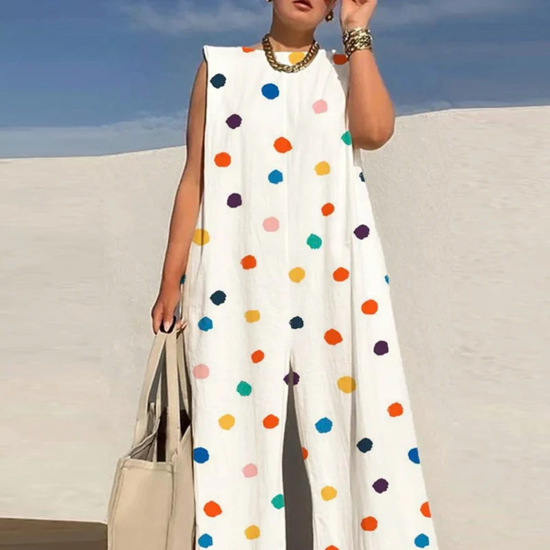 

Summer Elegant O-neck Wide Leg Jumpsuit 2023 Women Casual Loose Long Overalls Fashion Patterm Print Sleeveless Playsuit Jumpsuit